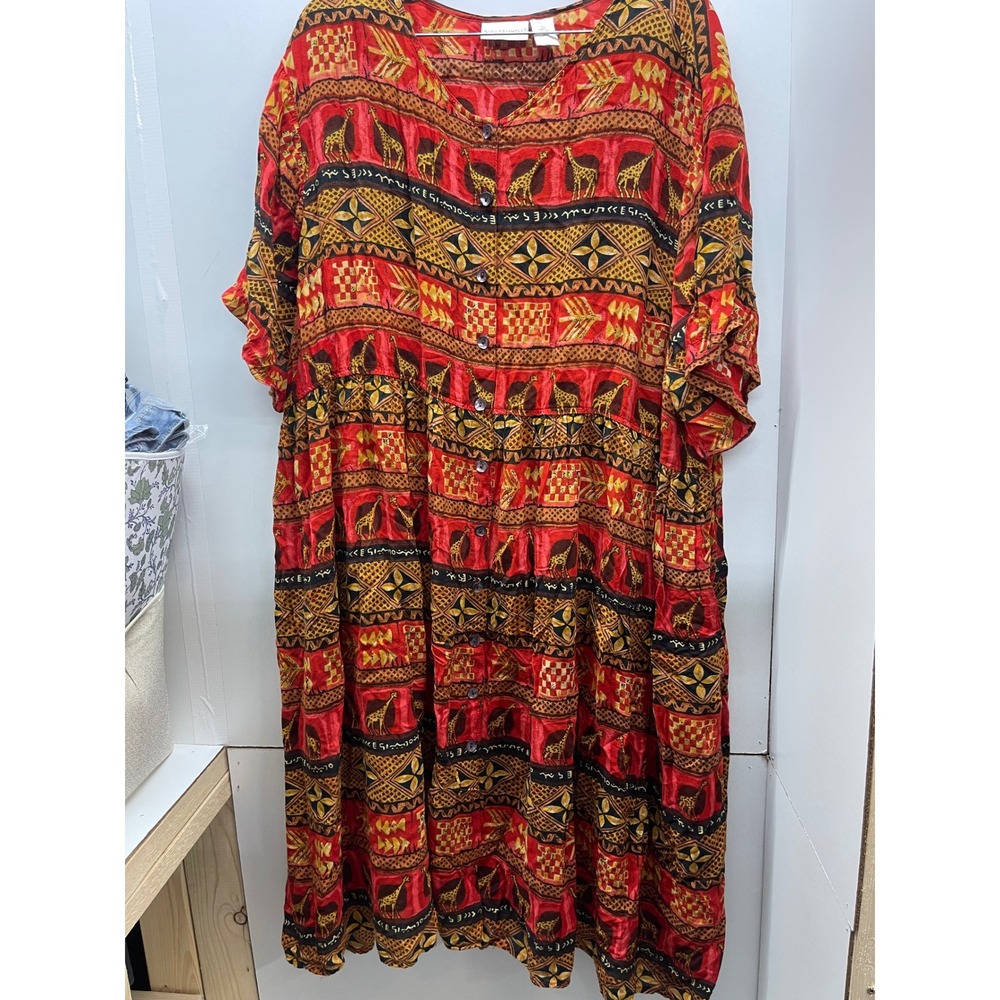 Anna Maxwell Women 5X Red Giraffe Tribal Print Rayon Button Front Midi Dress